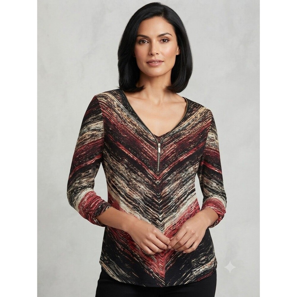 JM Collection Metallic Gold and Black Knit Top Geometric Shimmer Blouse